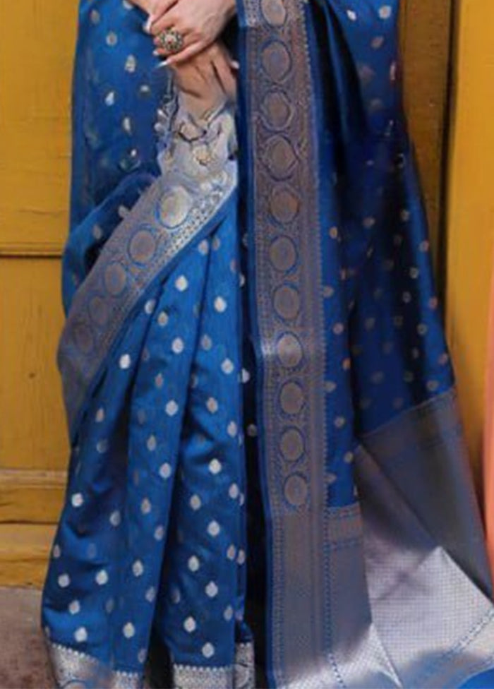 Blue Banarasi Silk Saree With Blouse Piece Outlet Pices