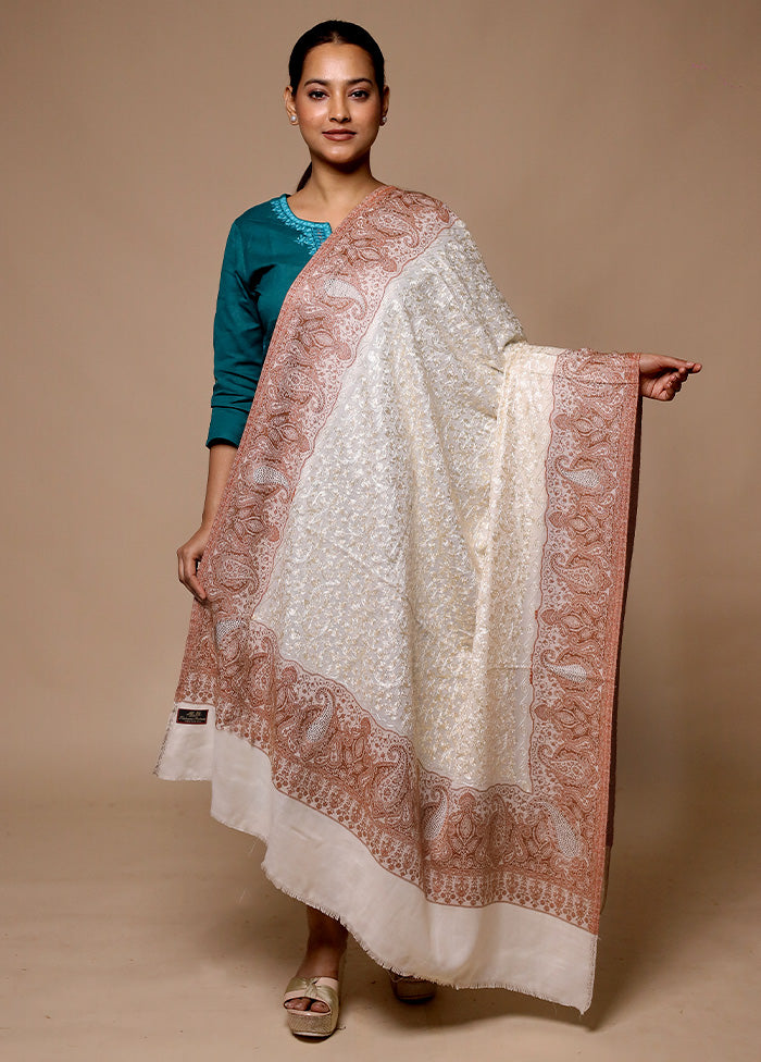 White Butta Work With Zari Woven Border Shawl Store Sale