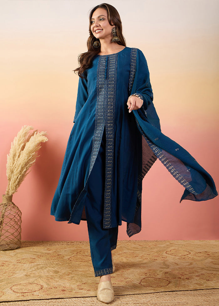 3 Pc Blue Pure Readymade Silk Suit Set Clearance Big Sale