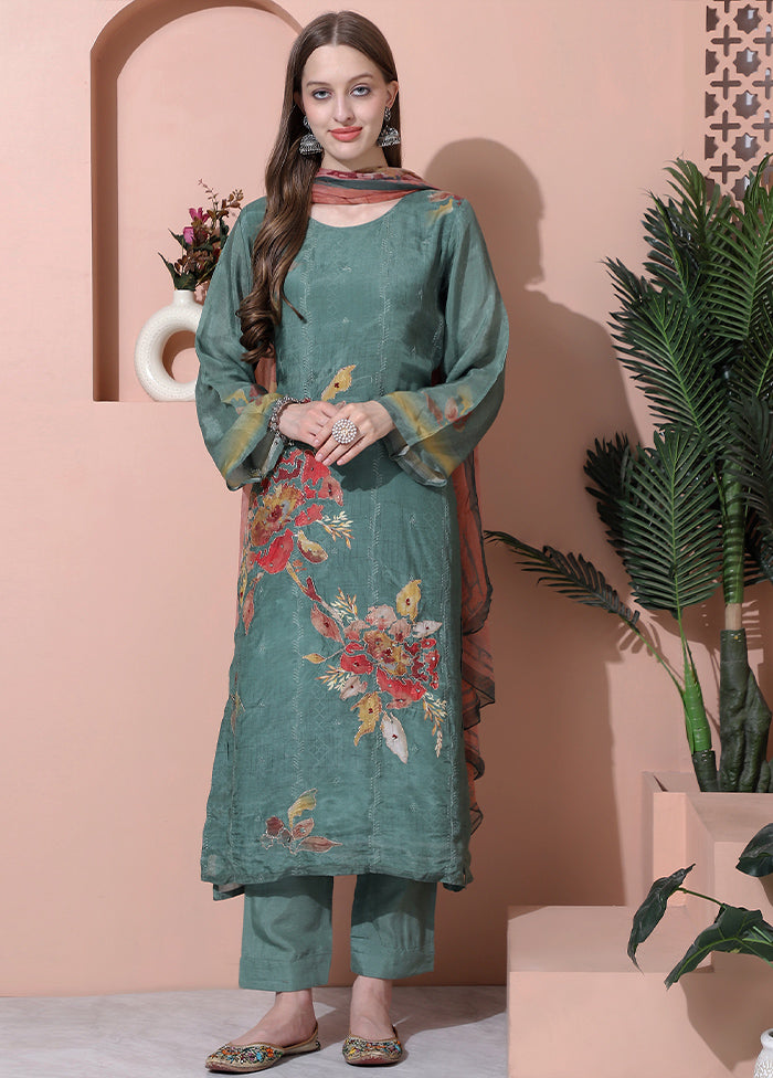 3 Pc Olive Green Unstitched Silk Suit Set Low Shipping Fee Online