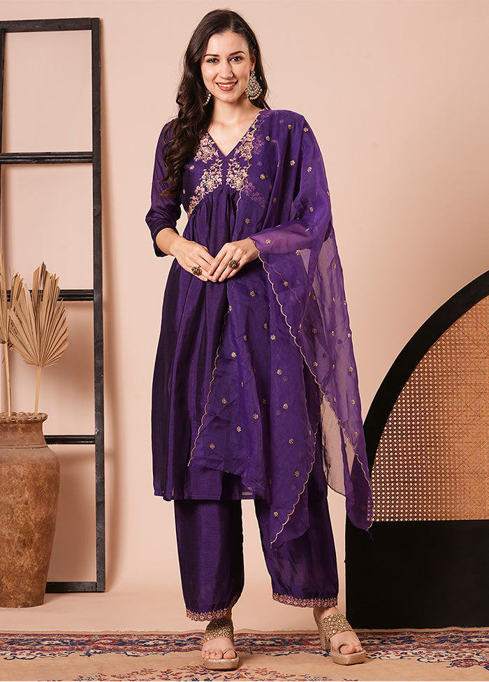 3 Pc Purple Readymade Silk Dupatta Suit Set Cheap Sale Cost