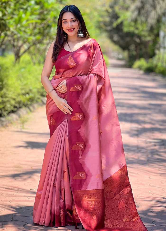 Peach Banarasi Silk Saree With Blouse Piece Clearance Original