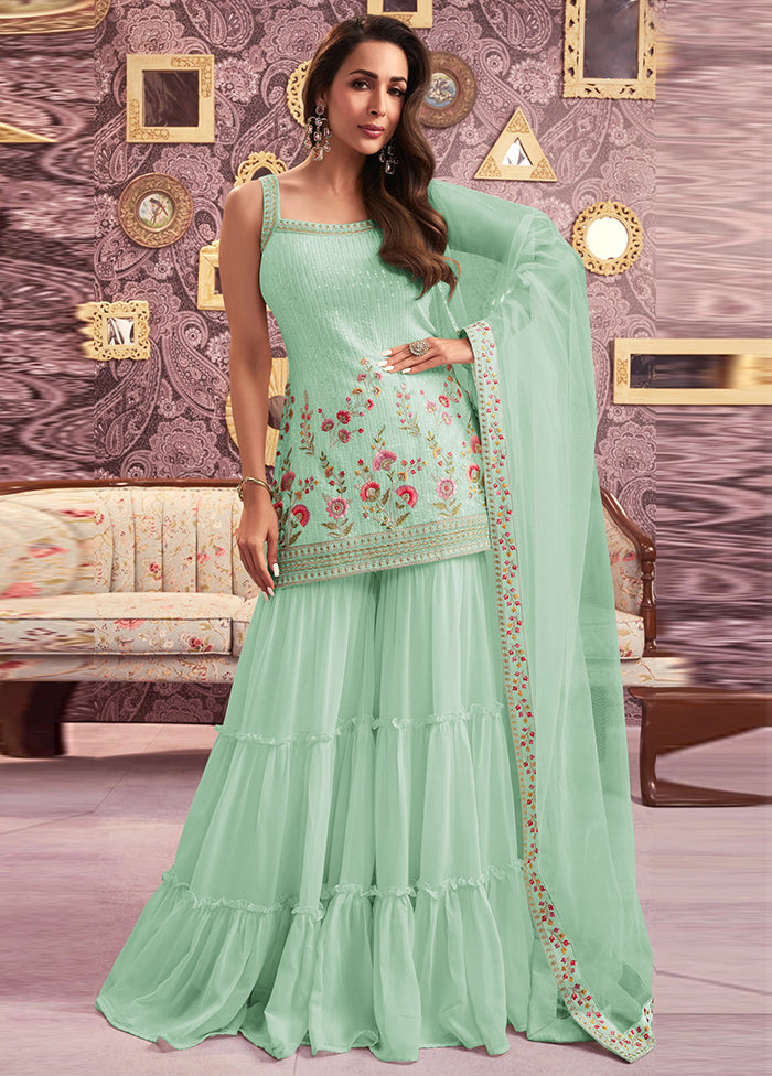 3 Pc Sea Green Semi Stitched Georgette Suit Set Cheap Sale How Much