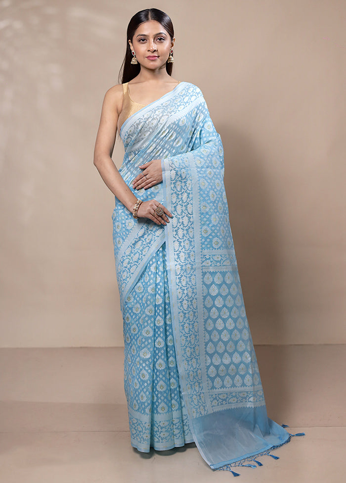 Sky Blue Kora Silk Saree With Blouse Piece Shop For Cheap Online