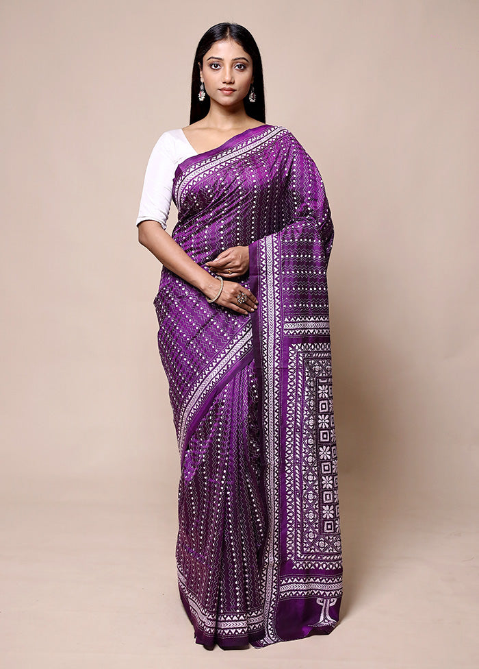 Purple Handloom Kantha Stitch Pure Silk Saree With Blouse Piece Clearance Very Cheap