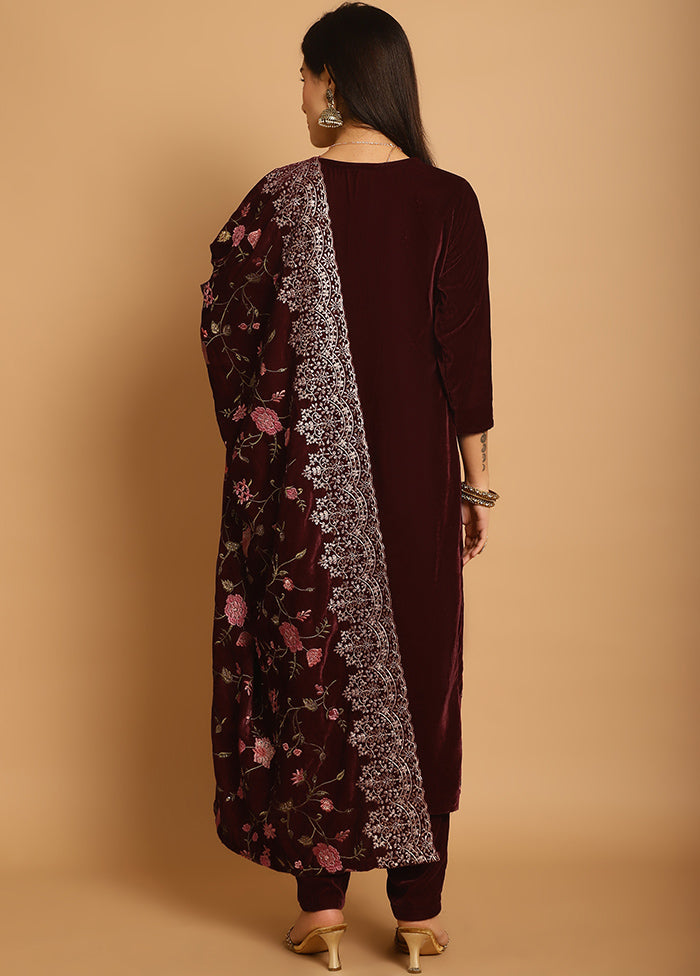 3 Pc Maroon Unstitched Velvet Suit Set Visa Payment For Sale