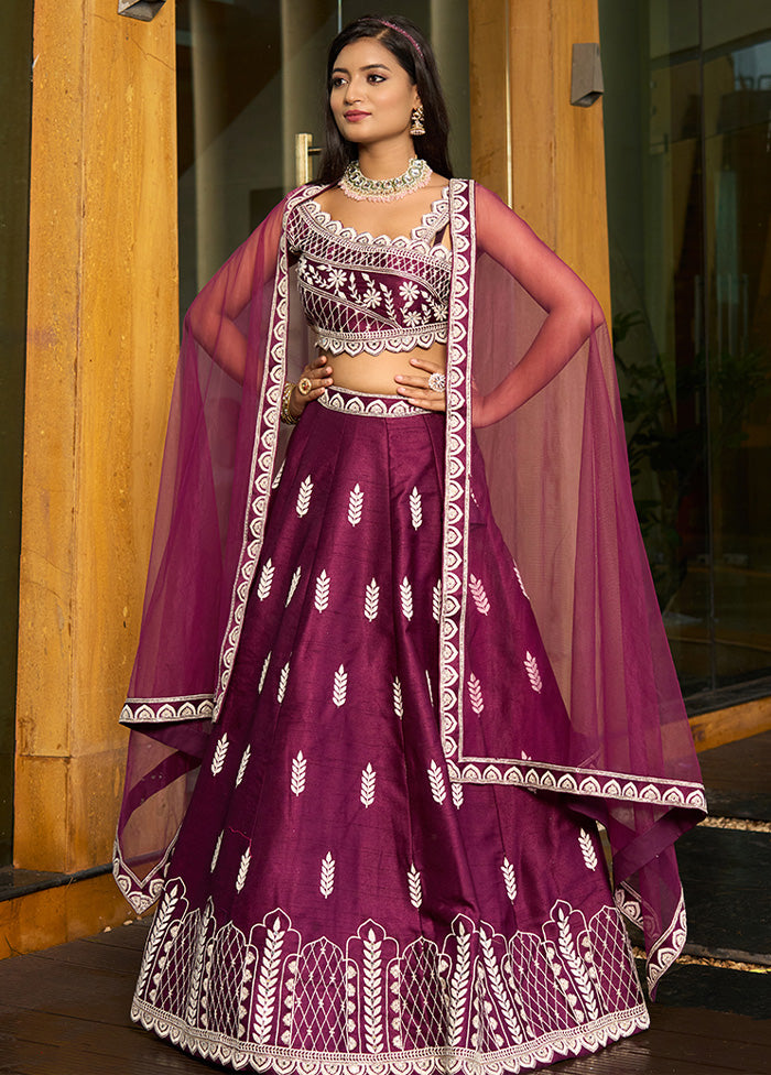 3 Pc Purple Silk Semi Stitched Lehenga Set Sale Fast Delivery