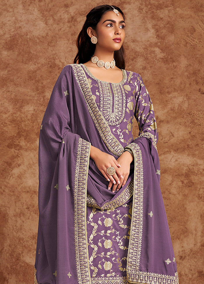 3 Pc Lavender Semi Stitched Silk Suit Set Recommend Cheap Pice