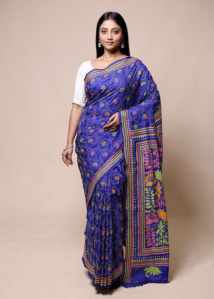 Blue Kantha Stitch Silk Saree With Blouse Piece Online Shop From China