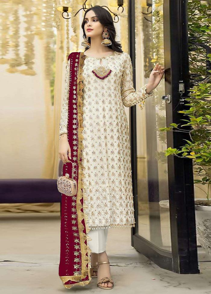 3 Pc Cream Semi Stitched Georgette Suit Set Free Shipping Fast Delivery