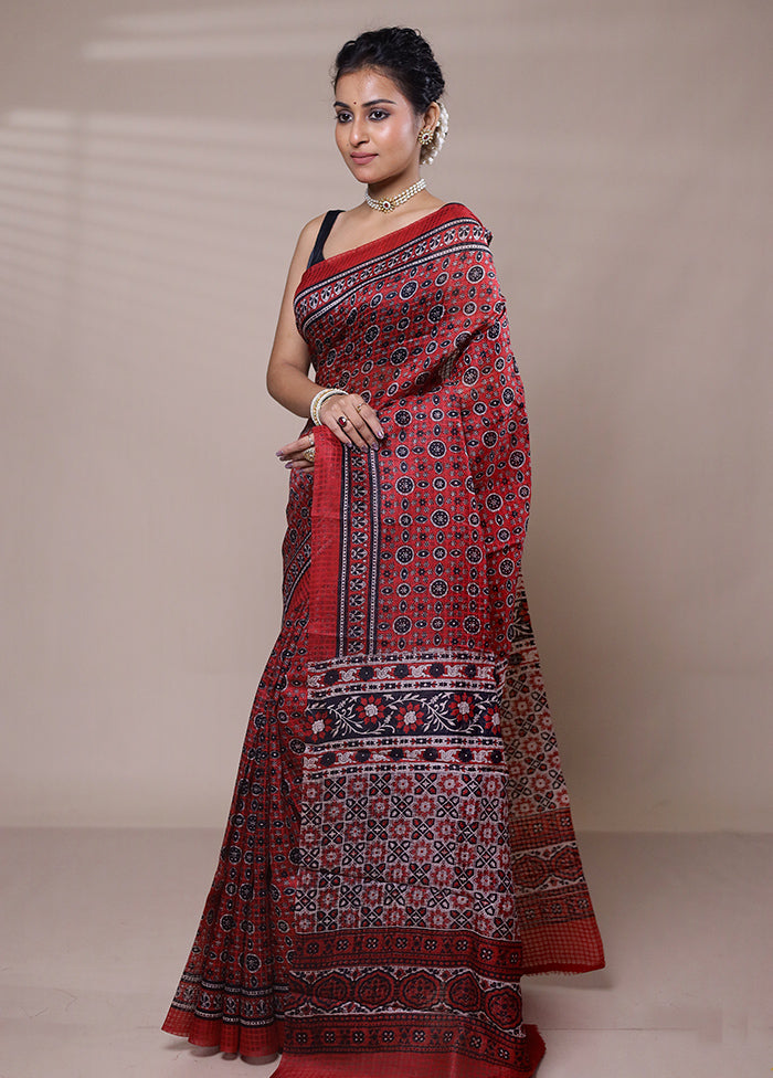 Red Printed Pure Silk Saree Without Blouse Piece Cheap Pirce