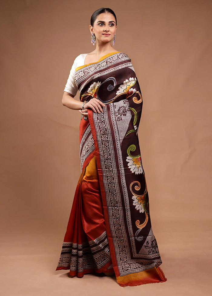 Brown Printed Pure Silk Saree Without Blouse Piece Cheap Footlocker