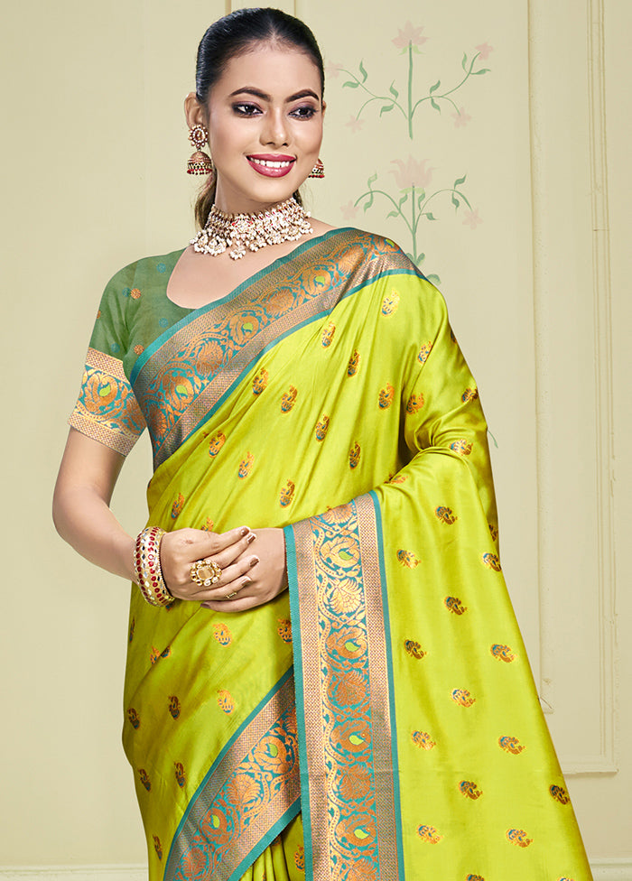 Parrot Green Dupion Silk Saree With Blouse Piece Cheap Sale Collections