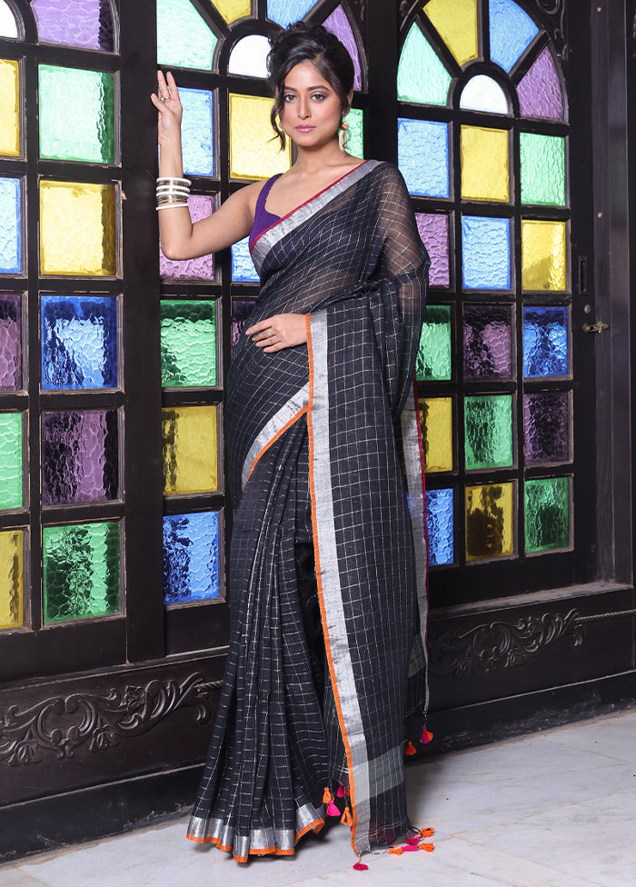 Black Linen Silk Saree With Blouse Piece With Mastercard Online