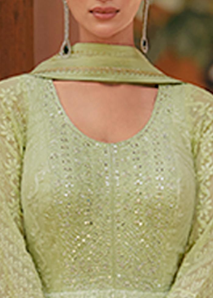 3 Pc Pista Green Semi Stitched Georgette Suit Set Cheap Sale Wholesale Pice