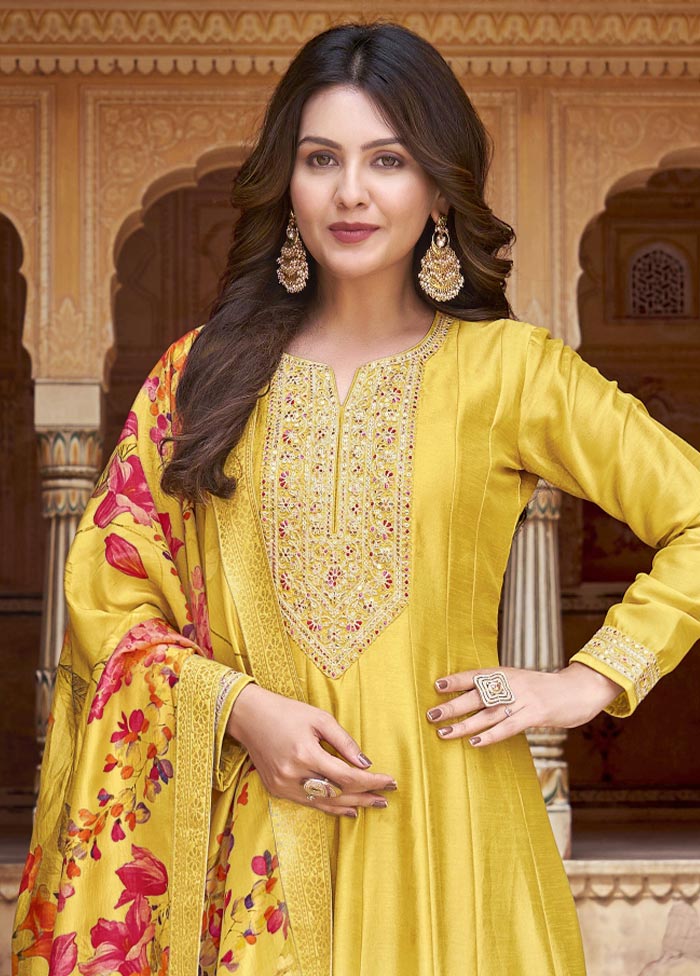 3 Pc Yellow Semi Stitched Silk Suit Set Footlocker Finishline Online