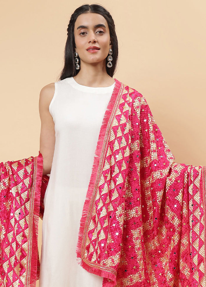 Magenta Chinon Phulkari Work Dupatta For Cheap Sale Online