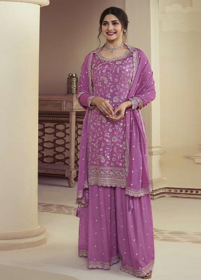 3 Pc Pink Semi Stitched Silk Suit Set Buy Cheap Big Discount