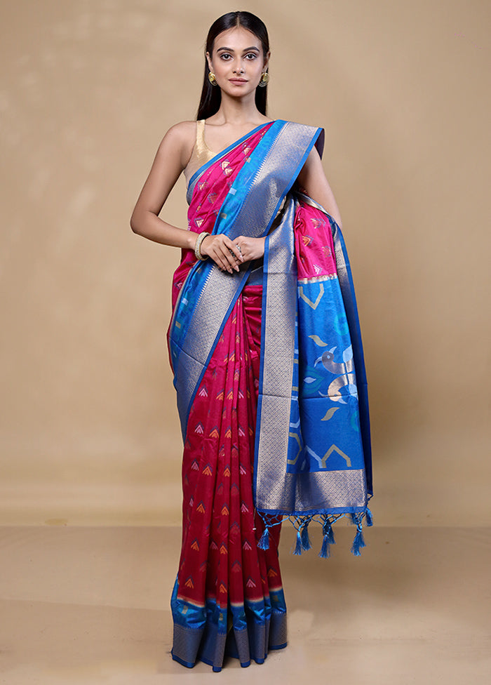 Blue Dupion Silk Saree With Blouse Piece Supply