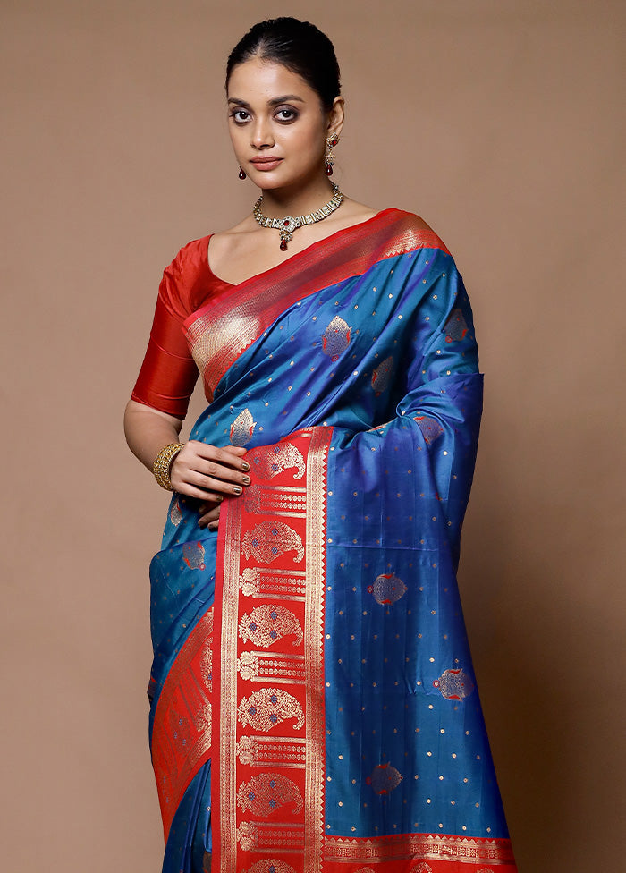 Blue Dupion Silk Saree With Blouse Piece Brand New Unisex Cheap Online