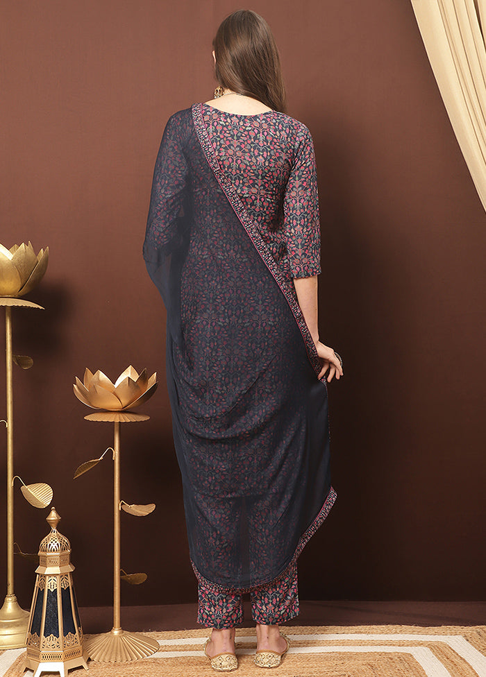 3 Pc Navy Blue Unstitched Cotton Suit Set Cheap New Arrival