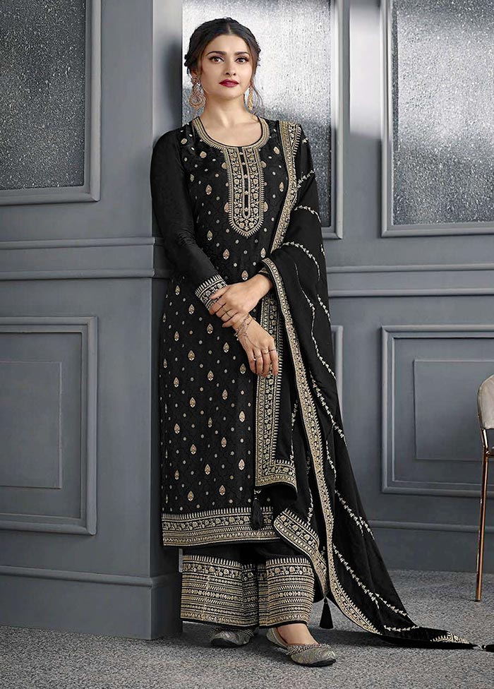 3 Pc Black Semi Stitched Silk Suit Set How Much