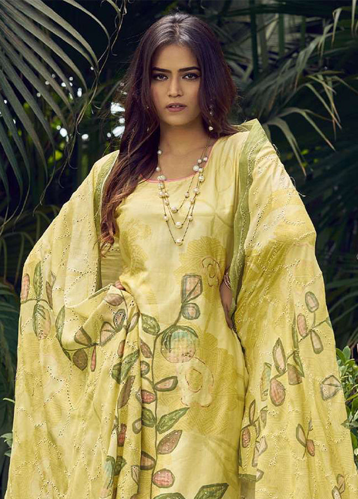 3 Pc Yellow Semi Stitched Silk Dupatta Suit Set Outlet Popular