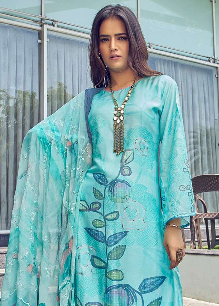 3 Pc Turquoise Semi Stitched Silk Dupatta Suit Set Choice For Sale