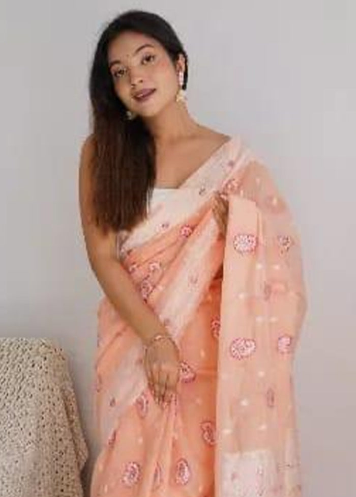 Peach Cotton Saree With Blouse Piece New Online