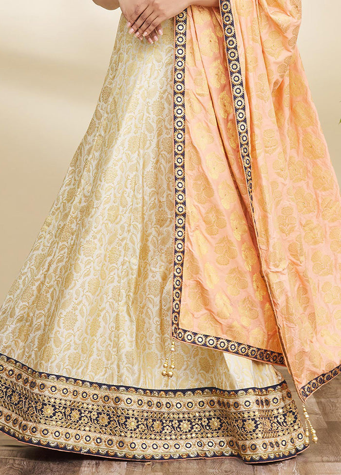 3 Pc Cream Silk Semi Stitched Lehenga Set Free Shipping Low Shipping