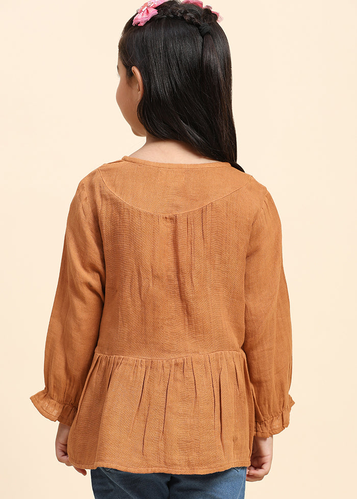 Brown Cotton Three Fourth Sleeves Round Neckshape Shirt Outlet Clearance Store