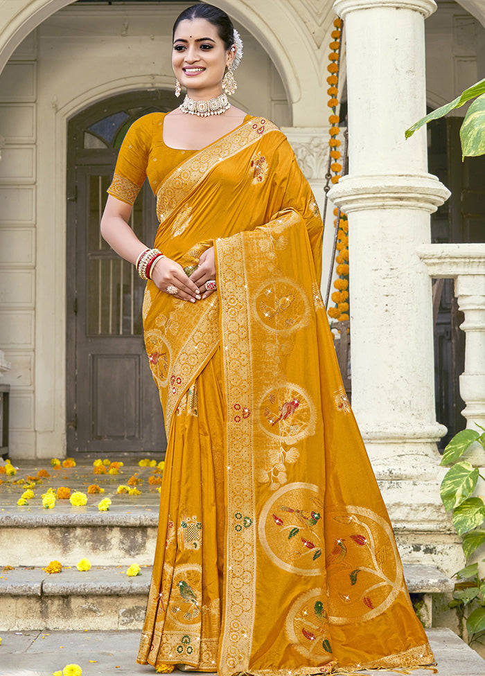 Yellow Spun Silk Saree With Blouse Piece Clearance Online