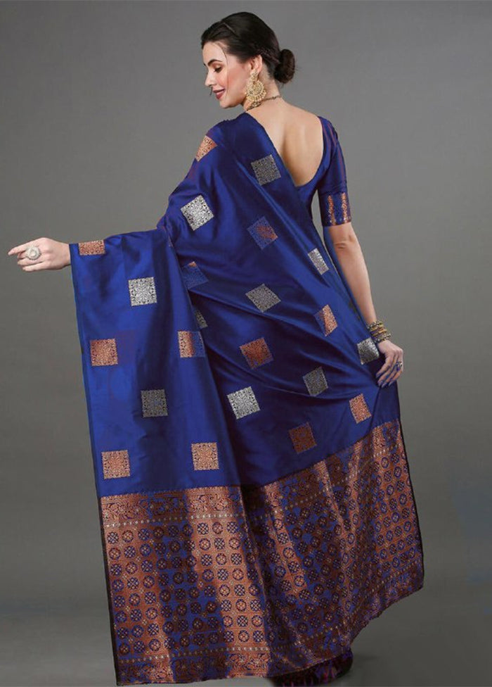 Blue Banarasi Silk Saree With Blouse Piece Cheap Sale 100% Original