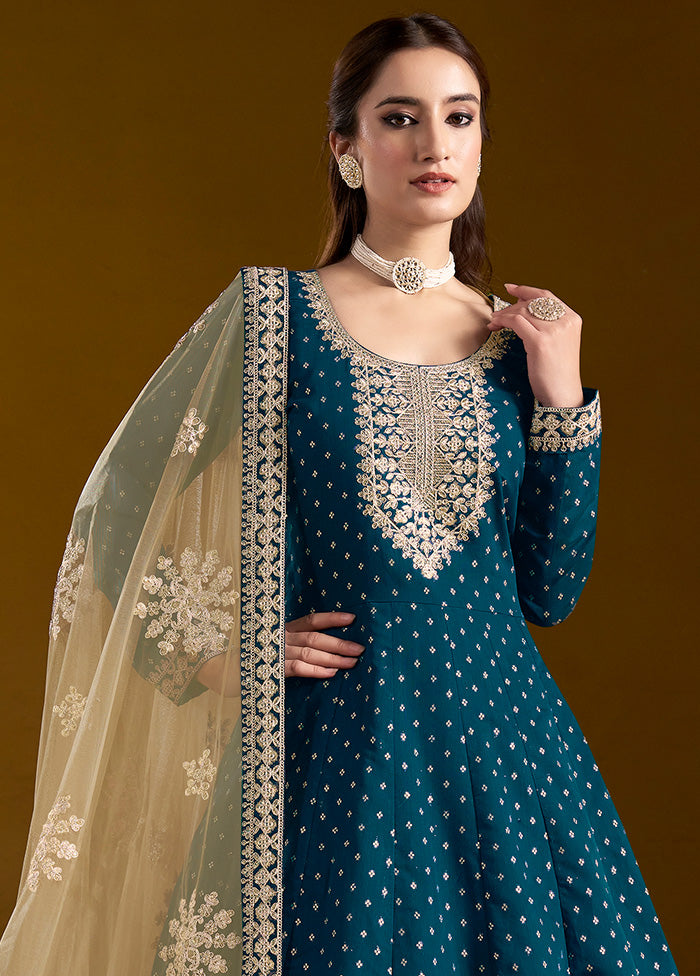 3 Pc Teal Semi Stitched Chanderi Suit Set New Online