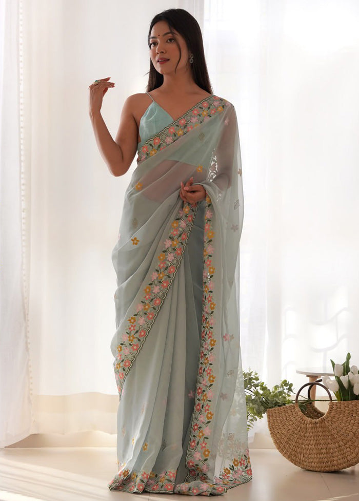 Sea Green Organza Saree With Blouse Piece Sale Recommend