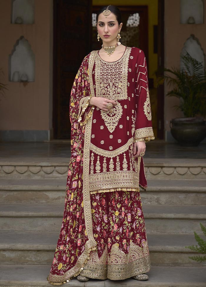 3 Pc Maroon Semi Stitched Silk Suit Set Quality From China Wholesale