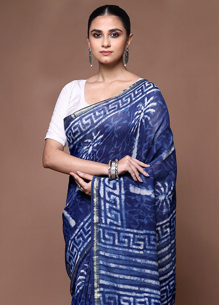 Blue Chanderi Cotton Saree With Blouse Piece Low Cost Cheap Online