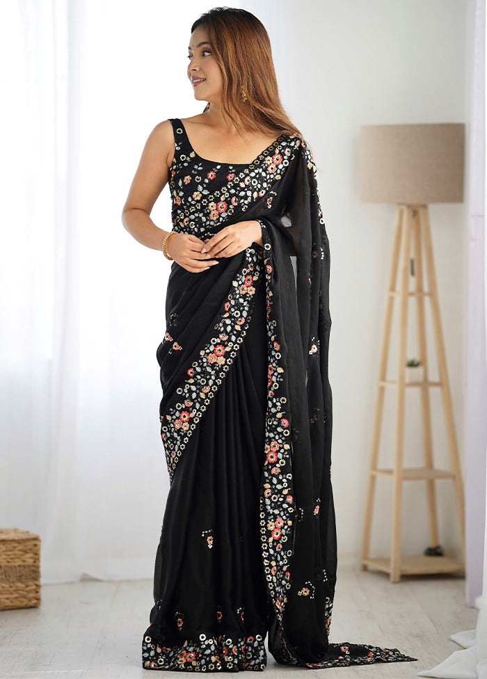 Black Satin Silk Saree With Blouse Piece Fashionable Online