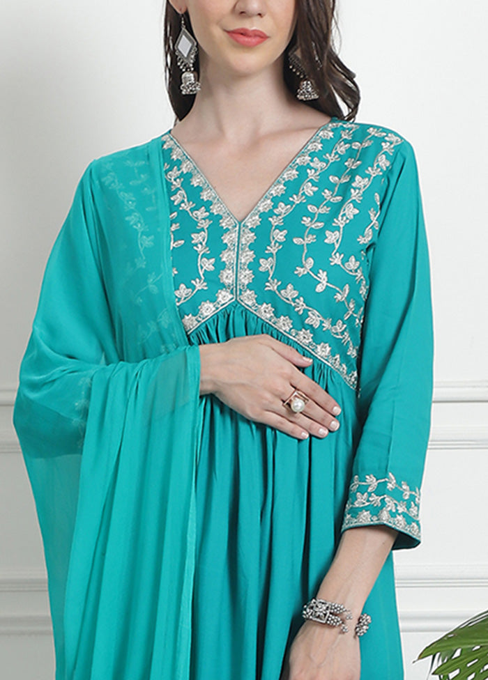 3 Pc Teal Blue Readymade Rayon Suit Set Sale Release Dates