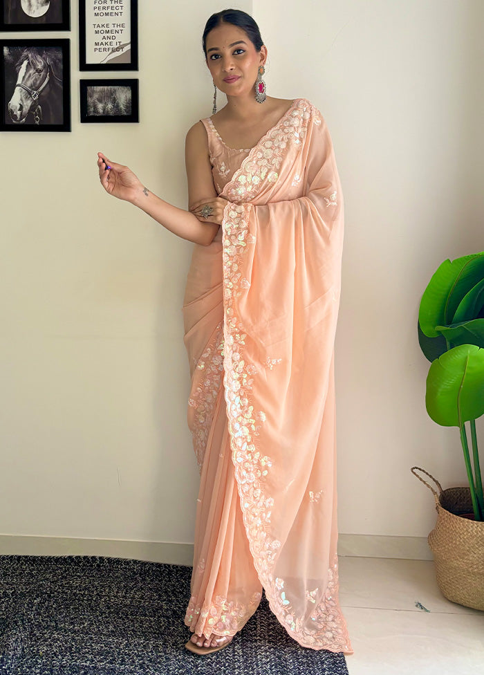 Peach Georgette Saree With Blouse Piece Clearance Fake