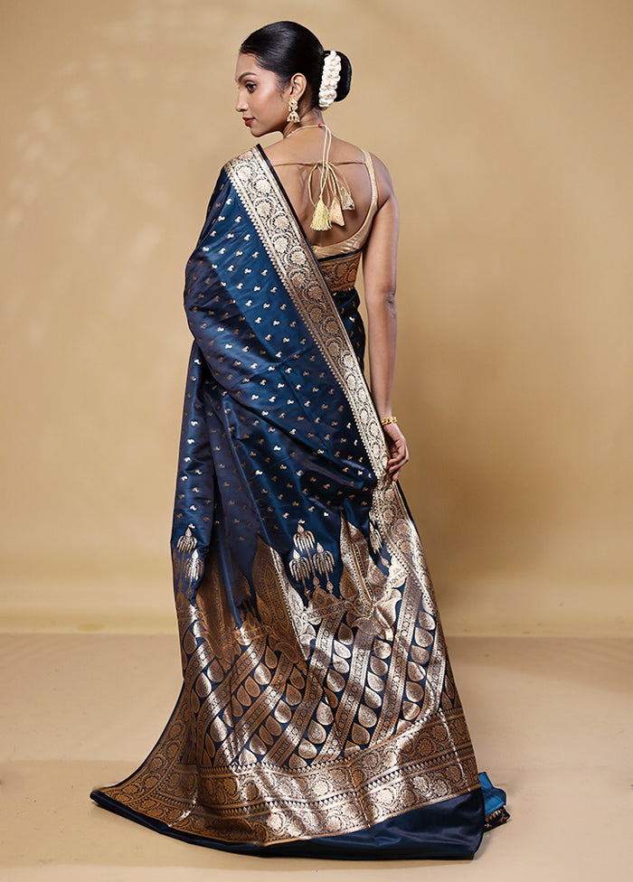 Blue Banarasi Silk Saree With Blouse Piece Official For Sale