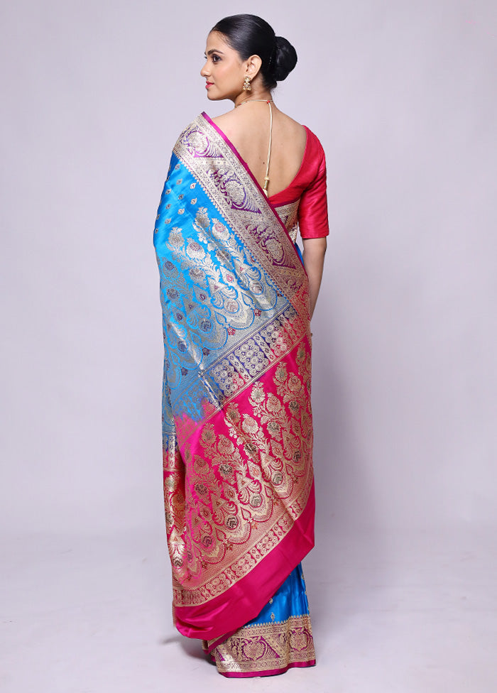 Blue Handloom Banarasi Pure Silk Saree With Blouse Piece Fast Delivery Online