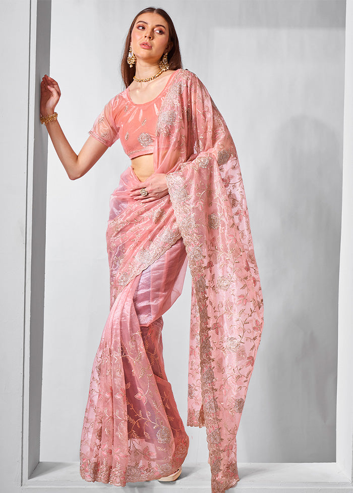 Peach Net Saree With Blouse Piece Outlet Lowest Pice