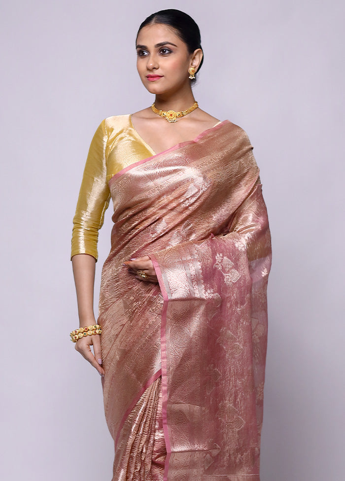 Pink Crushed Tissue Silk Saree With Blouse Piece For Sale Top Quality