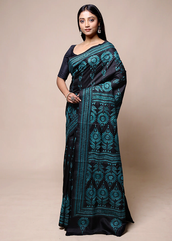 Black Handloom Kantha Stitch Pure Silk Saree With Blouse Piece Discount Low Shipping Fee