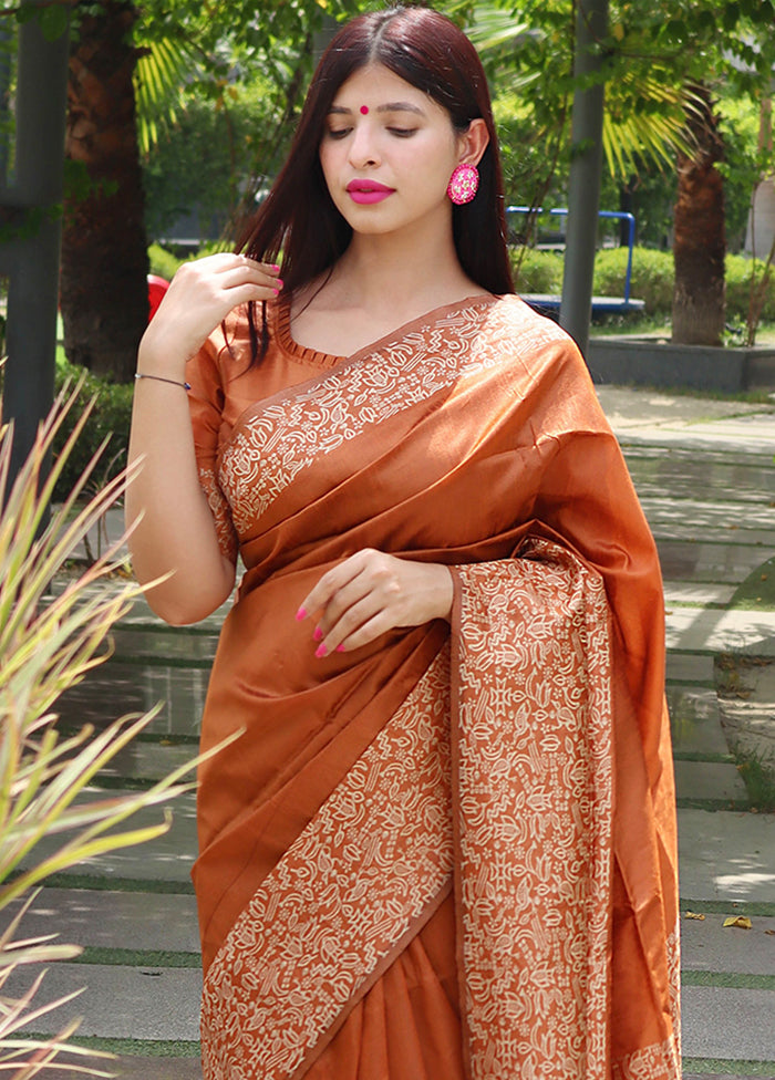 Orange Spun Silk Saree With Blouse Piece Outlet Extremely