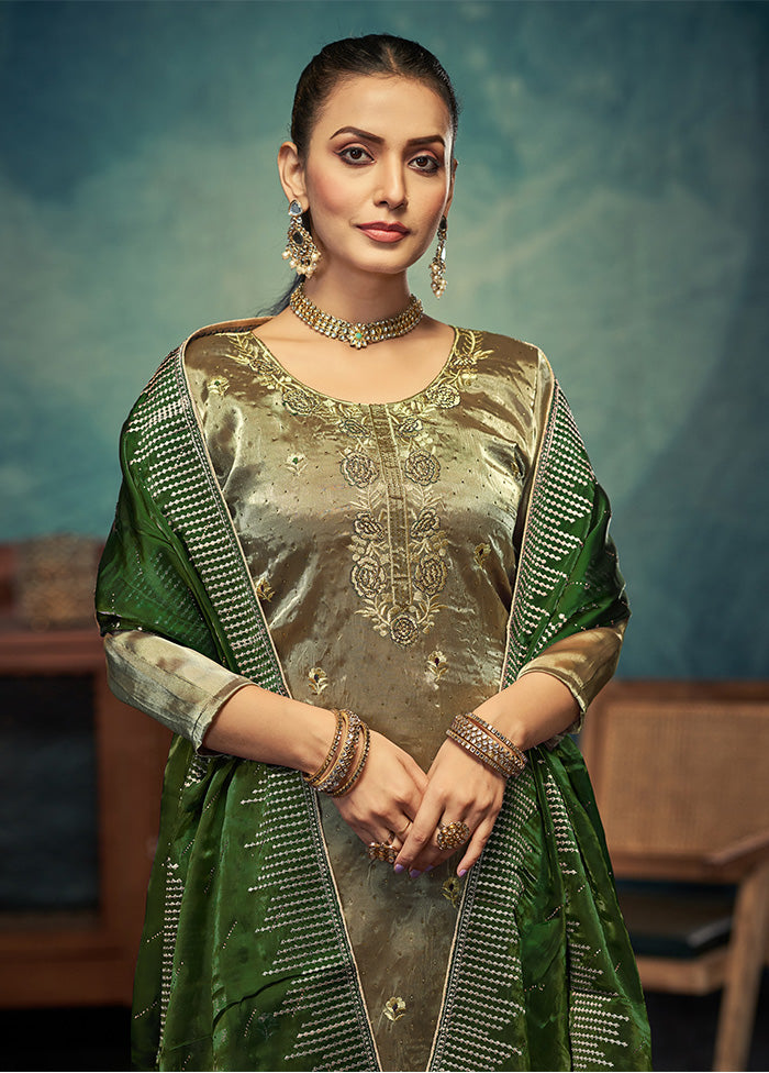 3 Pc Green Semi Stitched Silk Dupatta Suit Set Discount 2025