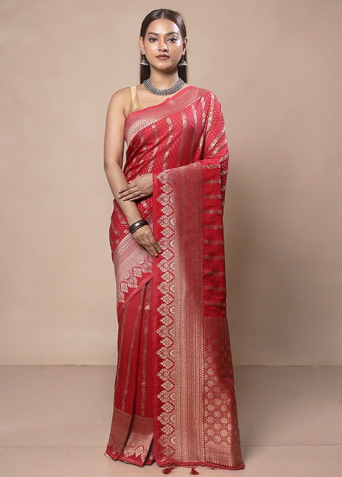 Red Dupion Silk Saree With Blouse Piece Clearance Pick A Best