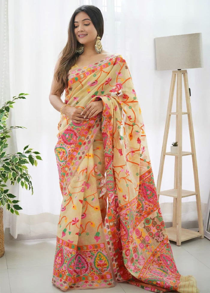 Light Yellow Banarasi Silk Saree With Blouse Piece Cheap Pice Top Quality