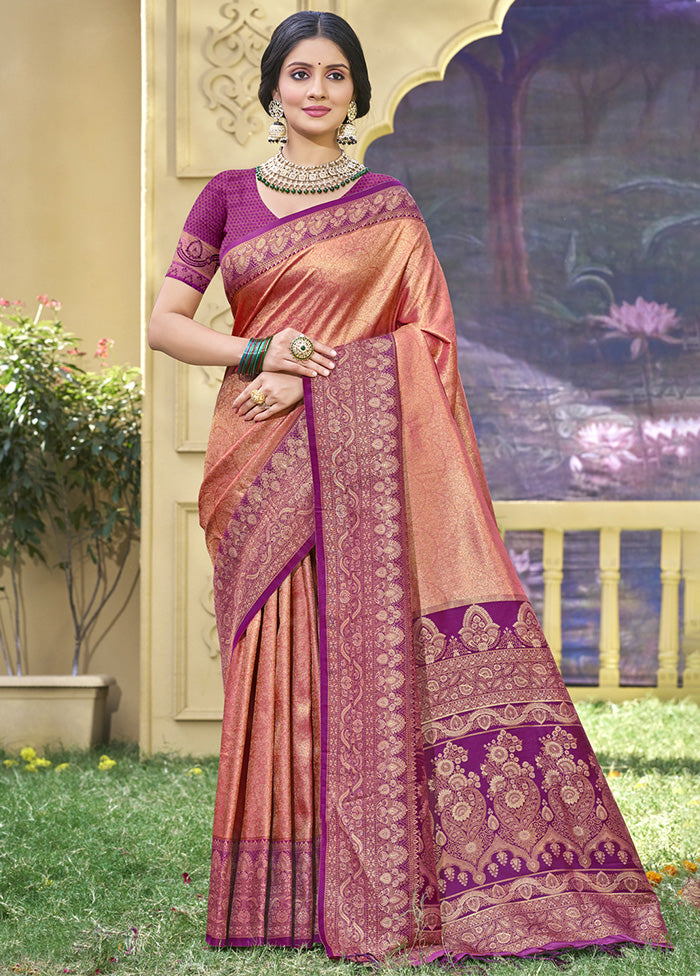 Peach Spun Silk Saree With Blouse Piece Cheap Brand New Unisex